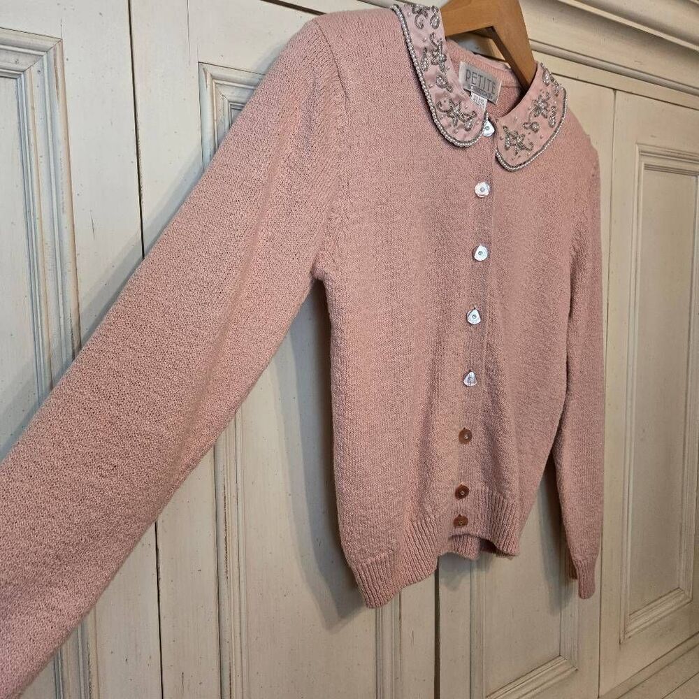 Vintage Petite Sophisticate Pink Beaded Cardigan S - Picture 3 of 11